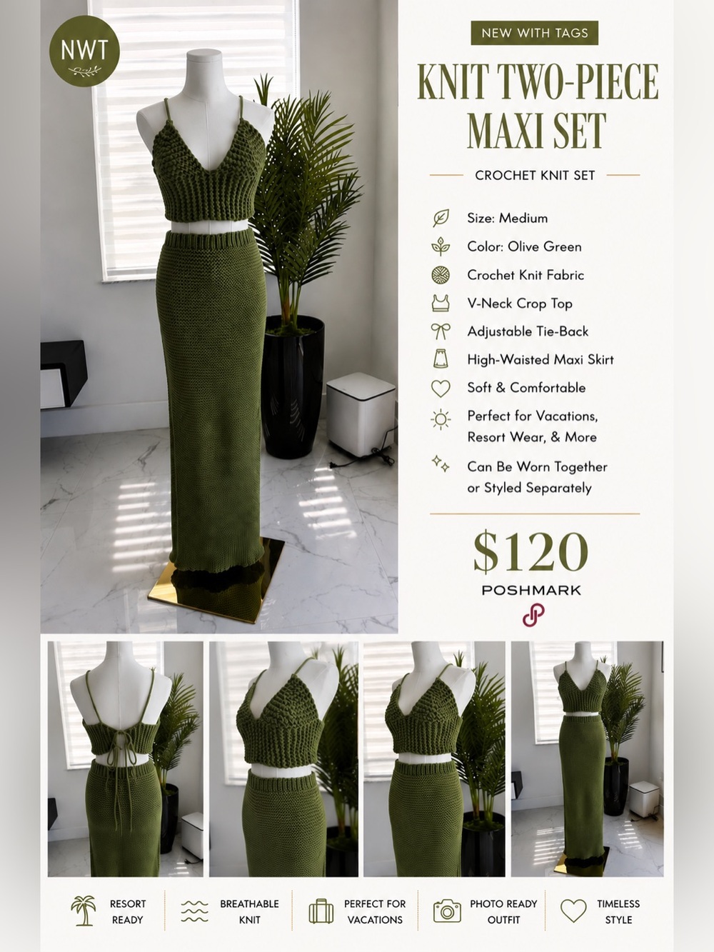 Olive Green Crochet Knit Two-Piece Maxi Set